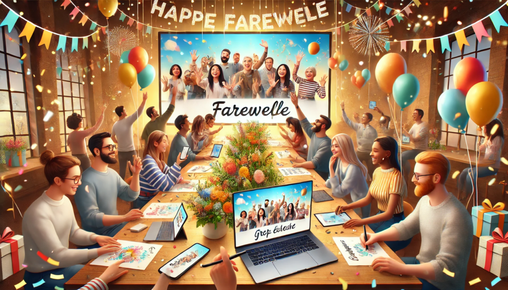 Here's the image representing a joyful digital farewell celebration with a group of people signing a virtual group eCard. Let me know if you need any modifications!