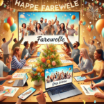 Here's the image representing a joyful digital farewell celebration with a group of people signing a virtual group eCard. Let me know if you need any modifications!